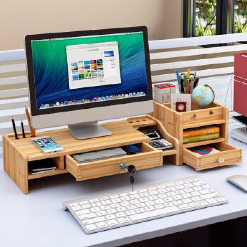 万事佳显示器增高架电脑增高架办公桌面键盘置物支架加厚板材樱木色